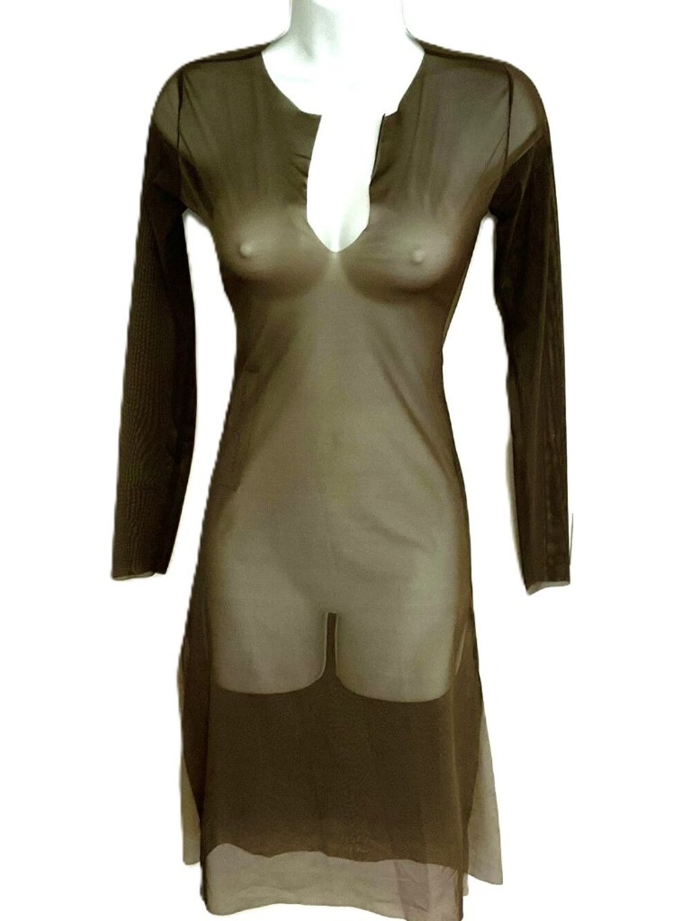 Vanda Catucci Sheer Mesh Underdress  Side Slits Hot Chocolate Brown Size M Italy